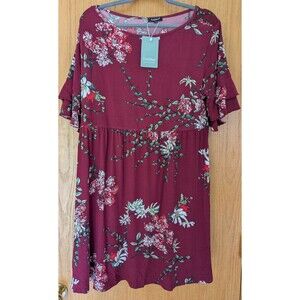 NWT Trailibee 2X Burgandy Floral Dress Short Sleeve Babydoll Boutique Comfy!!